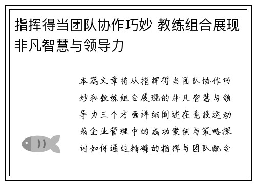 指挥得当团队协作巧妙 教练组合展现非凡智慧与领导力