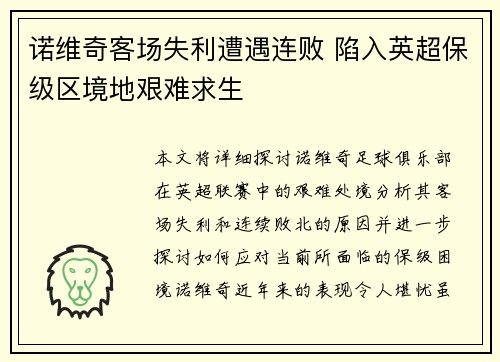 诺维奇客场失利遭遇连败 陷入英超保级区境地艰难求生