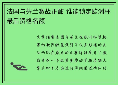 法国与芬兰激战正酣 谁能锁定欧洲杯最后资格名额