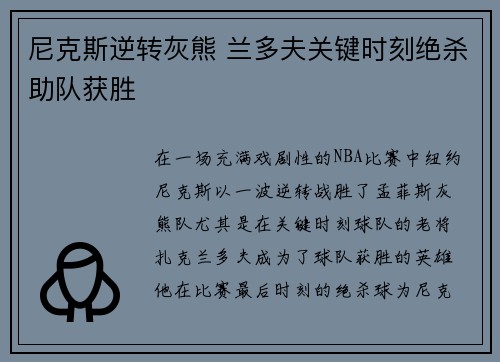 尼克斯逆转灰熊 兰多夫关键时刻绝杀助队获胜