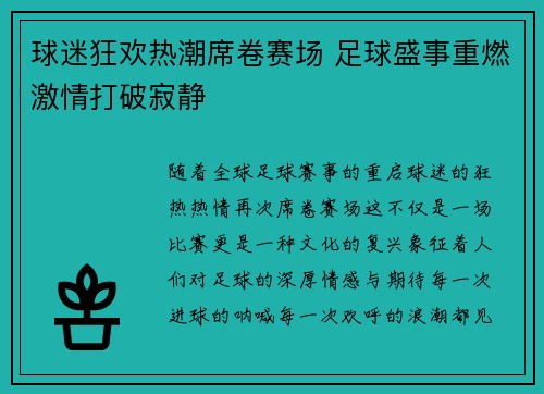 球迷狂欢热潮席卷赛场 足球盛事重燃激情打破寂静