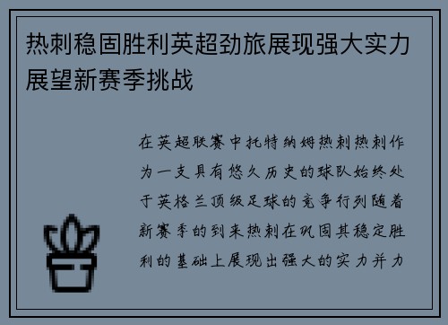 热刺稳固胜利英超劲旅展现强大实力展望新赛季挑战