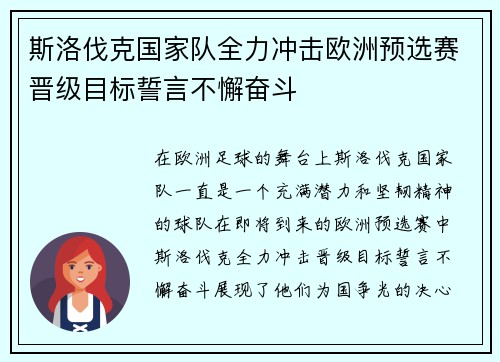 斯洛伐克国家队全力冲击欧洲预选赛晋级目标誓言不懈奋斗